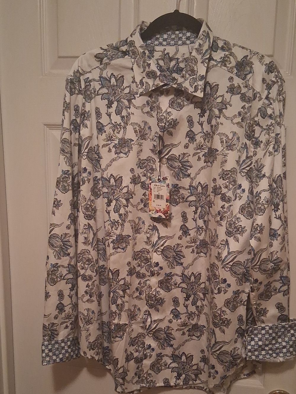 Robert Graham White Shirt with Blue Floral Print Xl